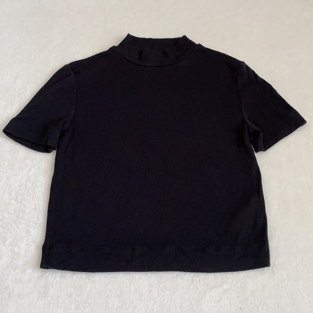 {Aritzia} Babaton | Mockneck Ribbed Cropped Short Sleeve Contour Tee Black (XS) - Picture 3 of 12